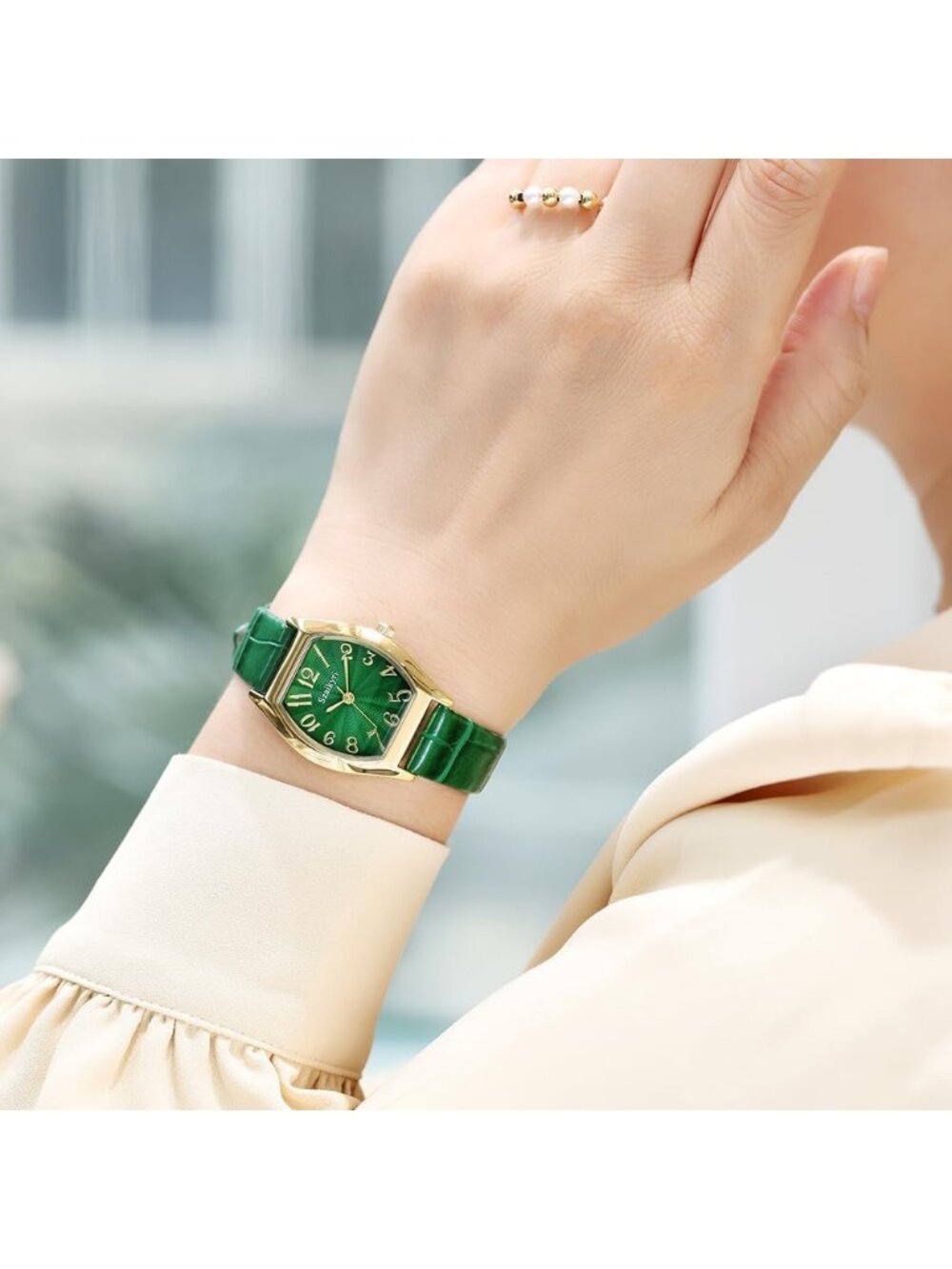 Women's Green-Gold Barrel-Shaped Easy Read Arabic Numerals Dress Wrist Watch - Picture 2 of 6